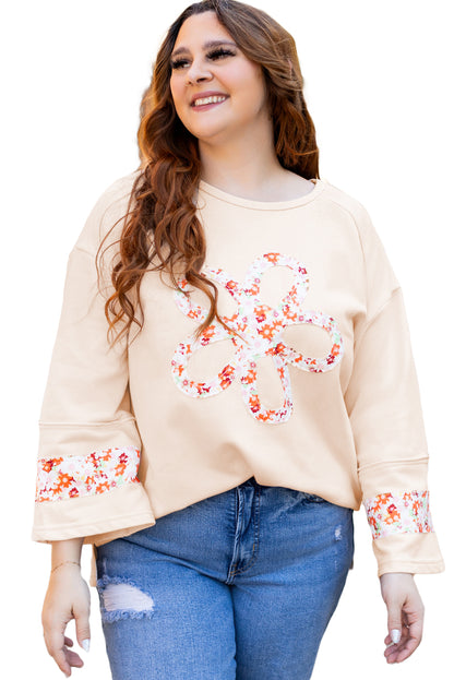 Beige Plus Size Flower Patched Side Slits Crewneck Top