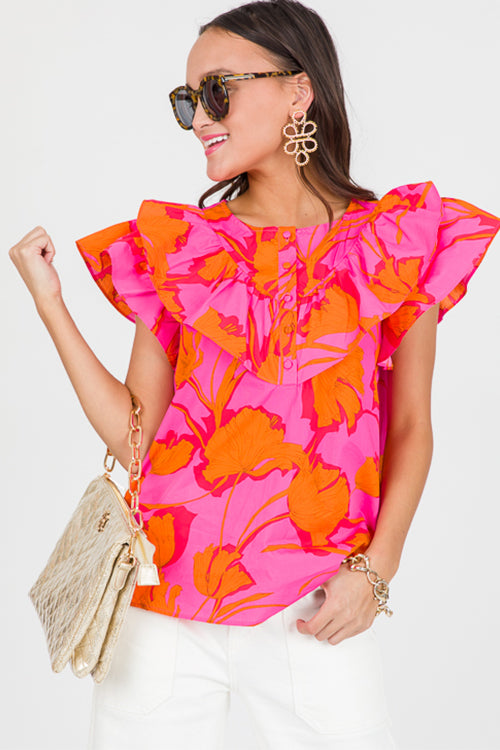 Rose Floral Ruffled Trim Flutter Sleeve Summer Top