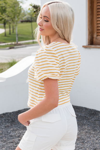 Stripe Square Neck Bubble Sleeve Top