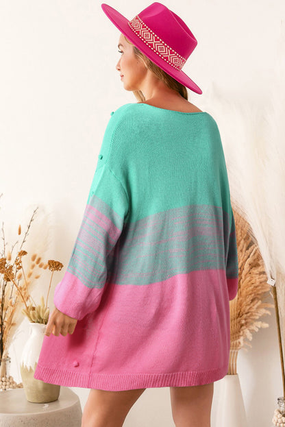 Rose Pompom Color Block Open Front Cardigan