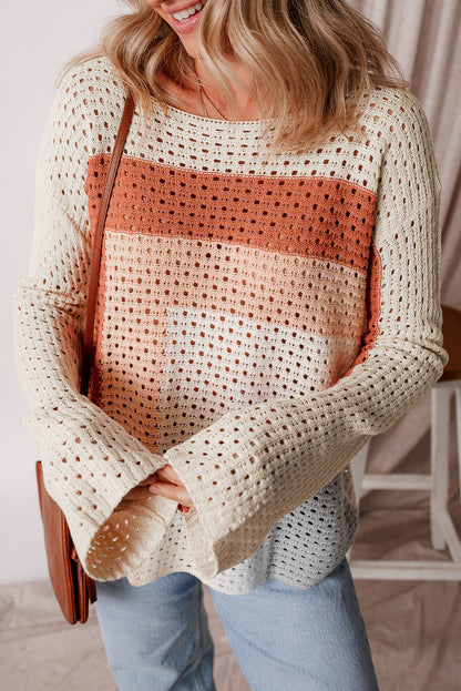 Apricot Pointelle Knit Colorblock Baggy Sweater