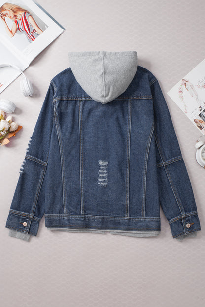 Dark Blue Fake Two-Piece Hooded Zip-Up Denim Jacket