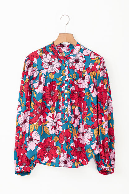 Red Floral Printed Balloon Sleeve Half Buttons Blouse