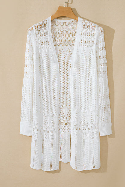 White Crochet Hollow Out Open Front Cardigan