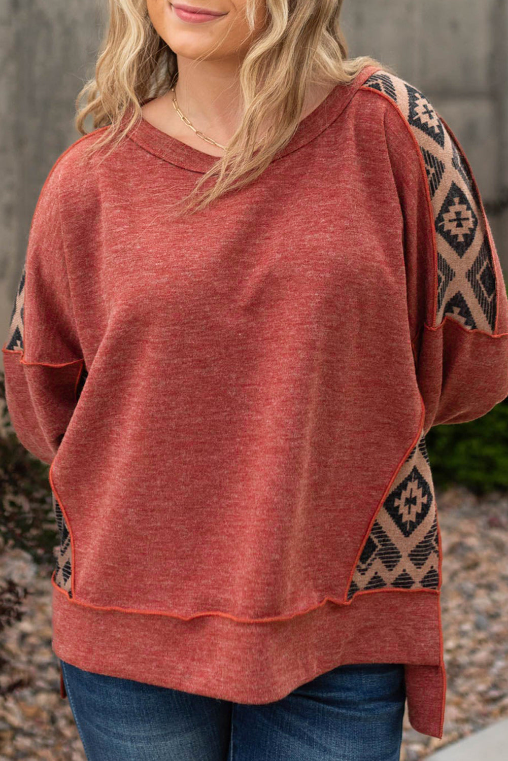 Redwood Burl Aztec Patchwork Drop Shoulder Plus Size High Low Sweatshirt