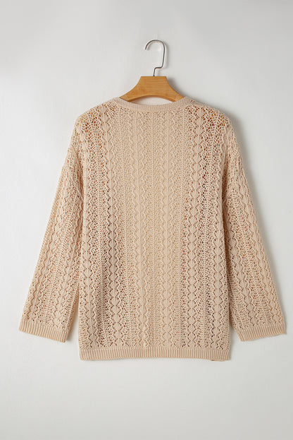 Apricot Hollow Out Knit Drop Shoulder Open Front Cardigan