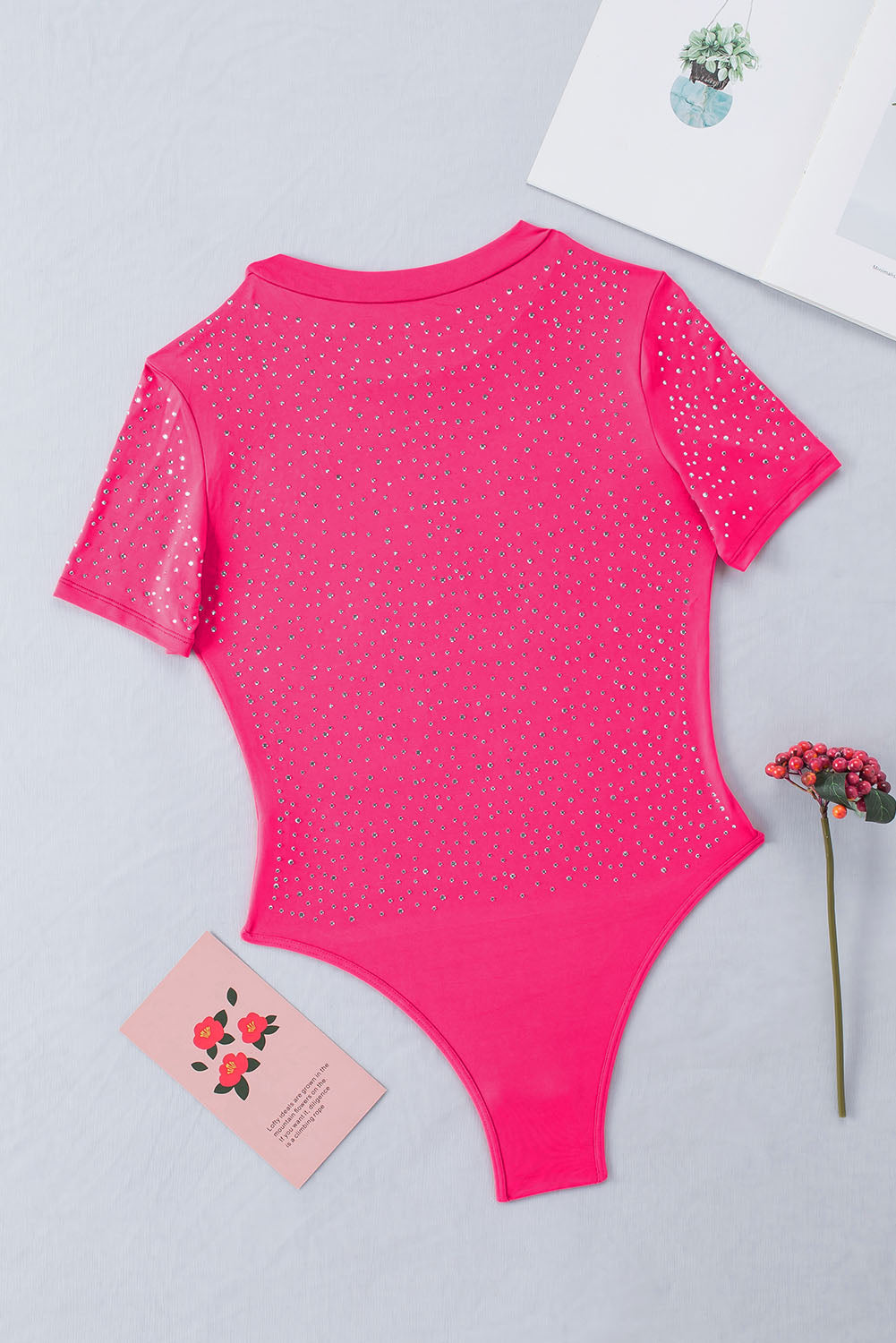 Rose Rhinestone Allover Round Neck Short Sleeve Bodysuit