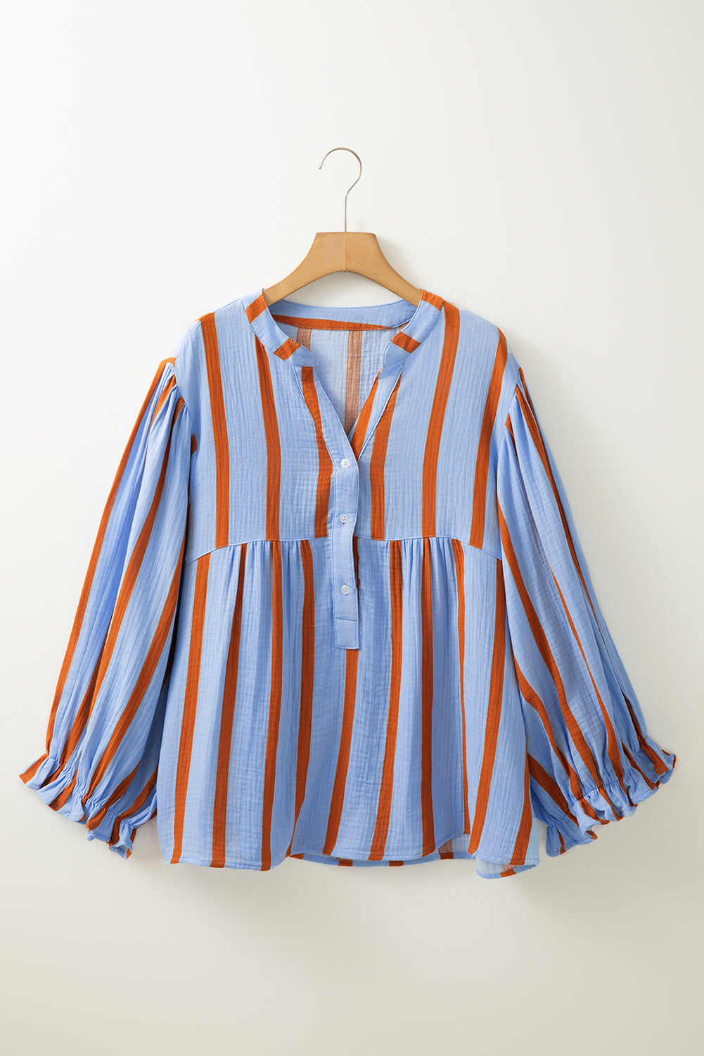 Sky Blue Stripe Crinckled Ruffled Sleeve Button up Loose Shirt