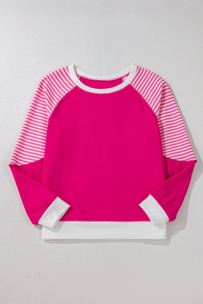 Strawberry Pink Striped Patchwork Crew Neck Raglan Sleeve Top