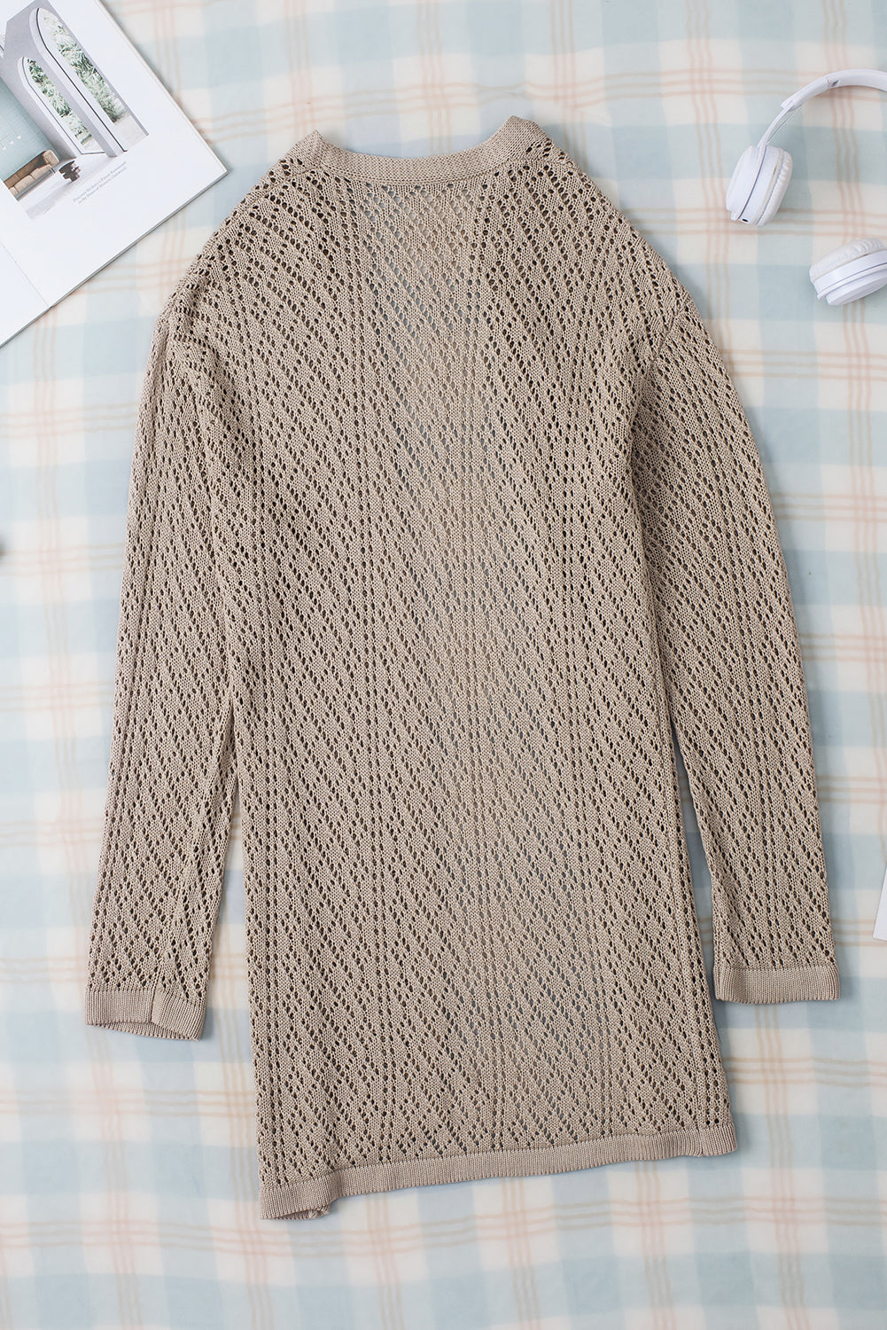 Smoke Gray Solid Color Pointelle Knit Open Front Cardigan