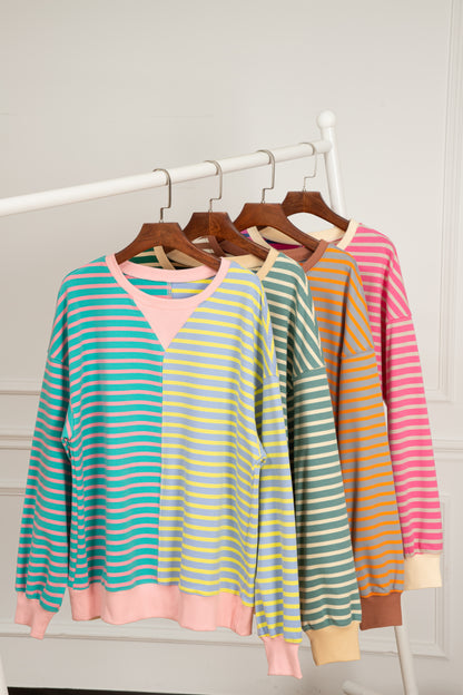 Pink Stripe Casual Stripe Colorblock Drop Shoulder Oversize Sweatshirt