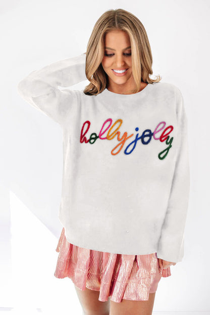 White Holly Jolly Round Neck Casual Sweater