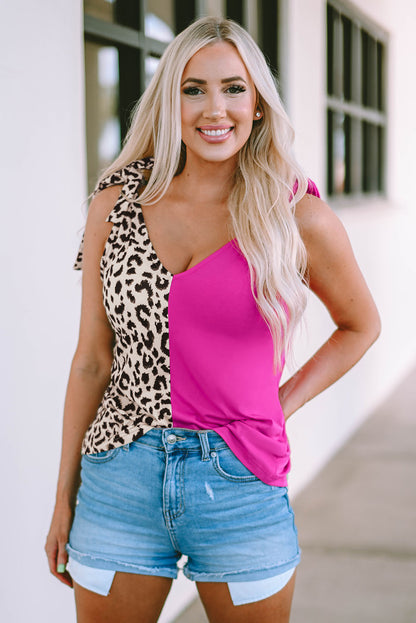 Rose Leopard Patchwork Tie Strap Tank Top