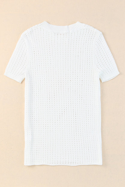 White Hollow-out Knitted Short Sleeve T Shirt