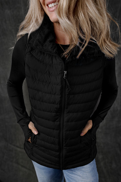 Black Plush Collared Quilted Zipped Puffer Vest