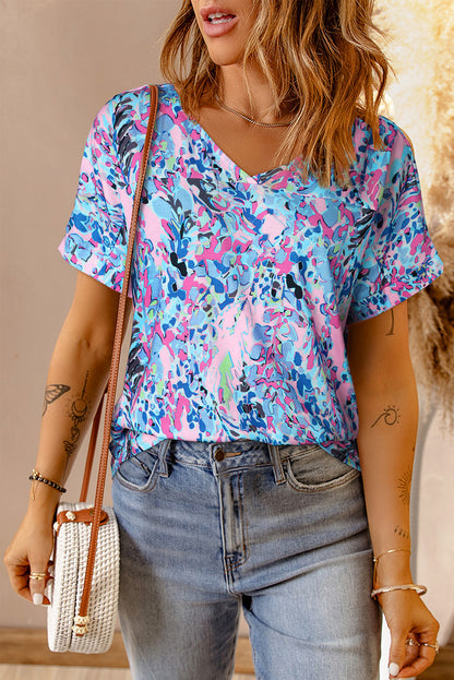 Sky Blue Loose Painted Floral Tee