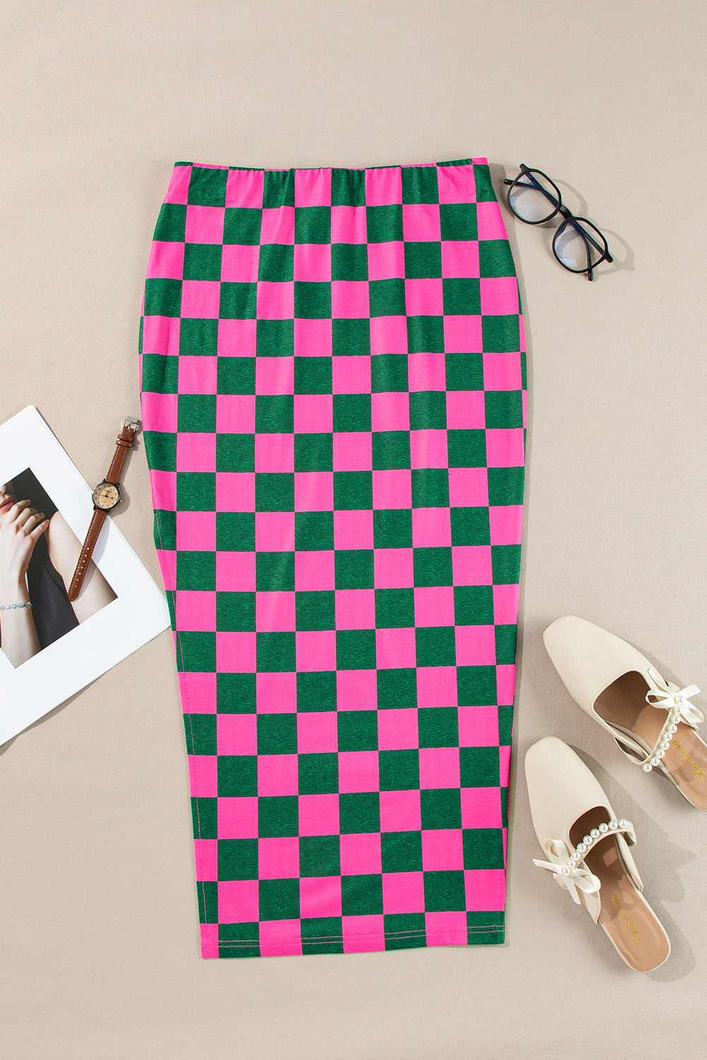 Rose Checkered Print Side Slit High Waist Midi Skirt