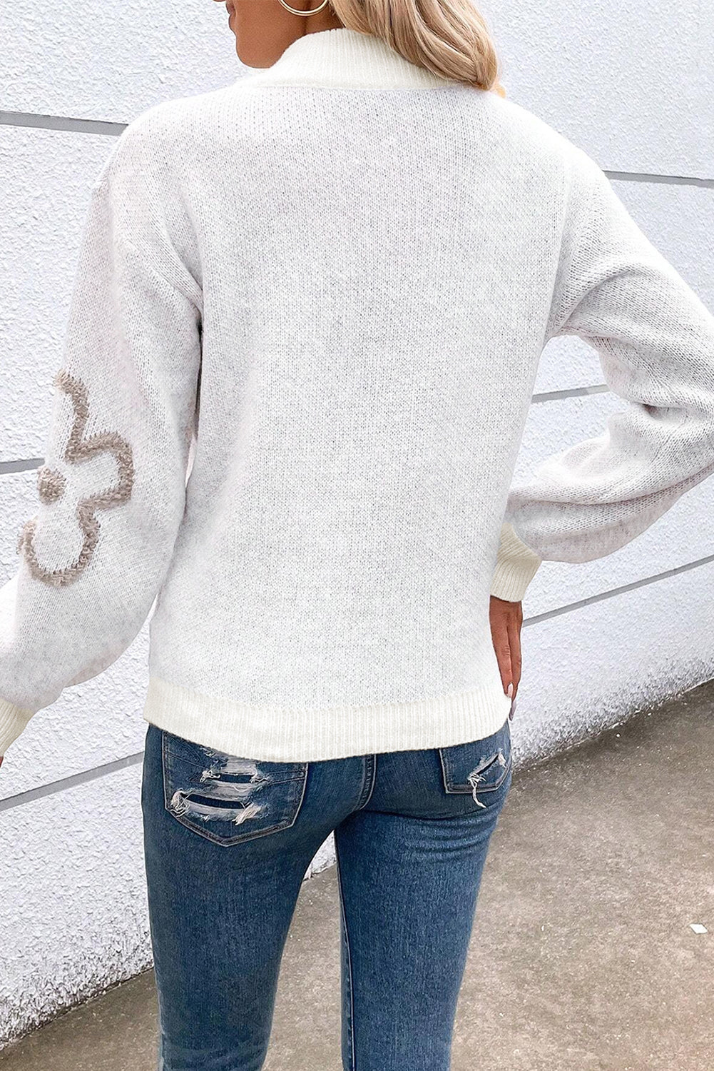 White Contrast Flower Half Zipper Stand Neck Sweater