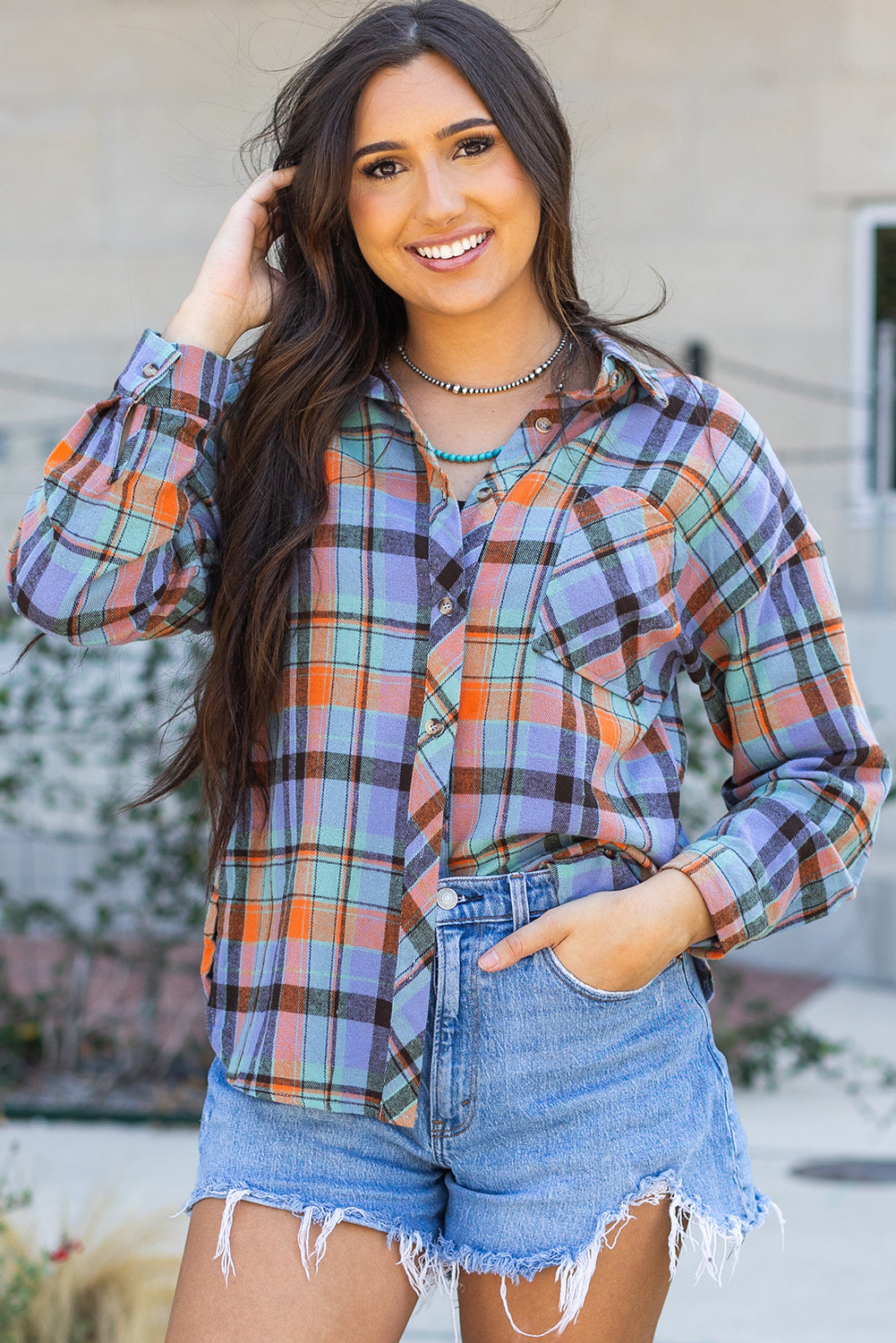 Orange Plaid Print Loose Vintage Shirt