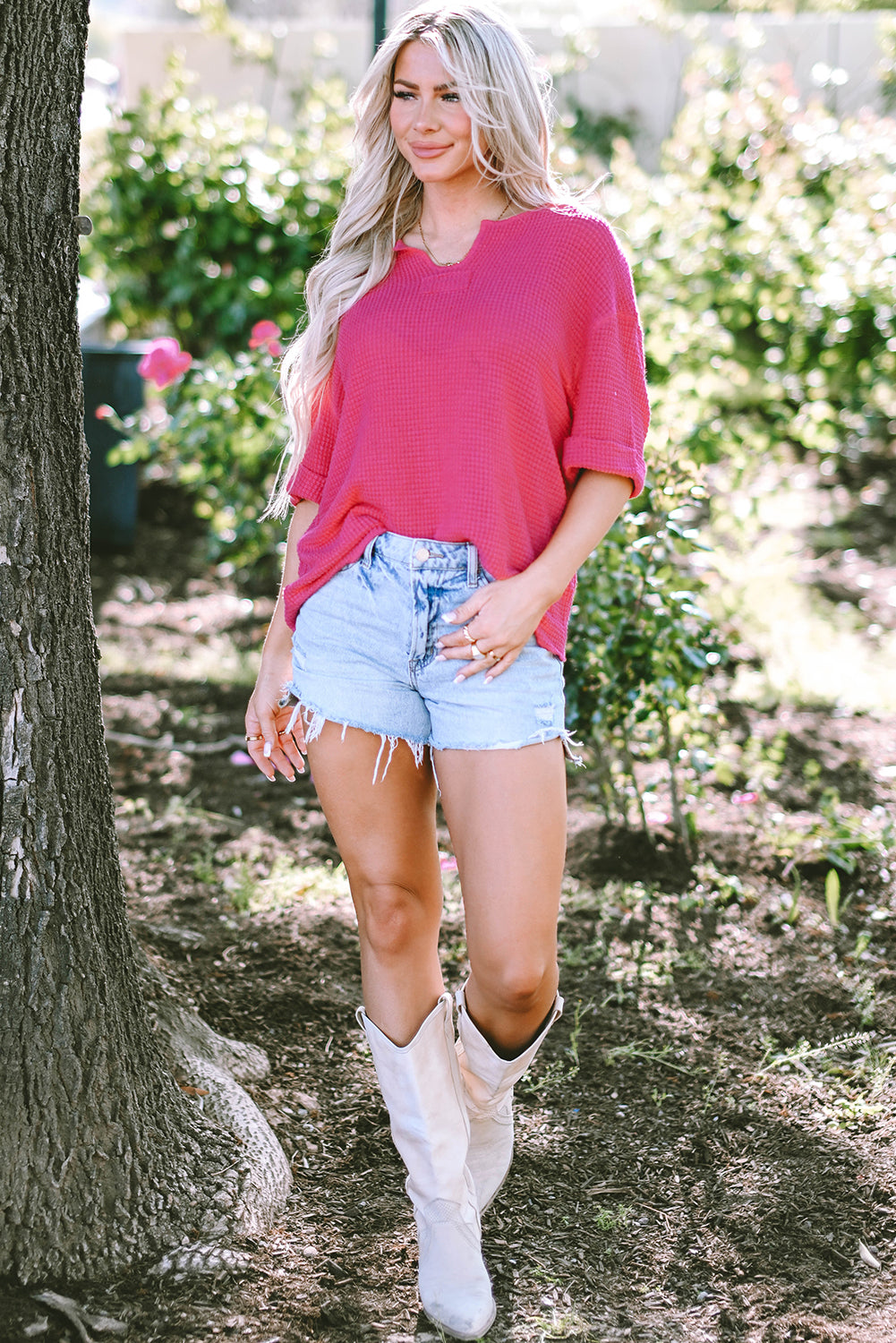 Strawberry Pink Textured Knit Split Neck Cuffed Short Sleeve Top