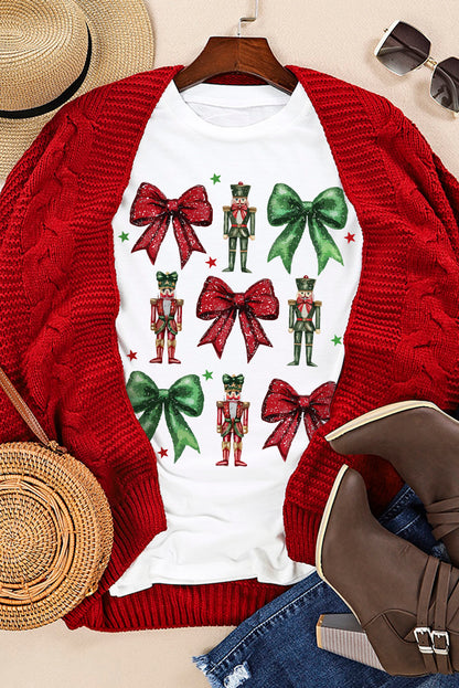 White Bowknot Nutcracker Printed Crewneck Christmas T Shirt