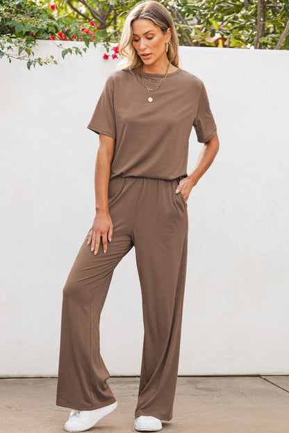 Smoke Gray Solid Color T Shirt 2pcs Wide Leg Pants Set