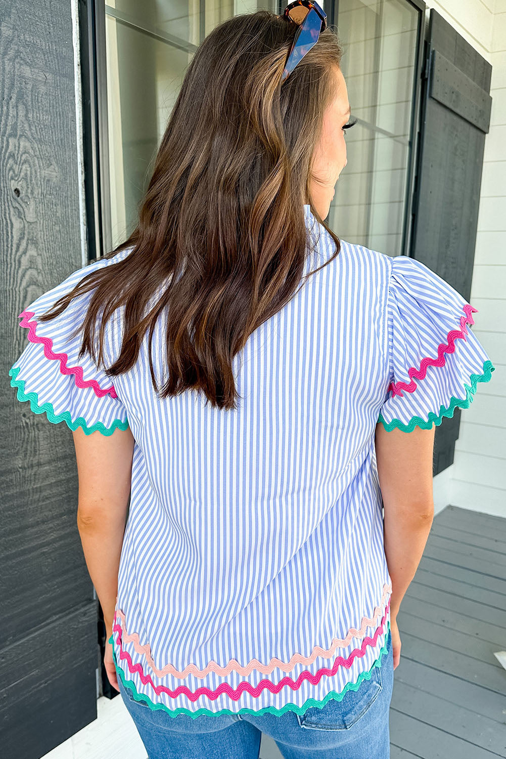 Sky Blue Stripe Ricrac Trim Split Neck Striped Ruffled Sleeve Blouse