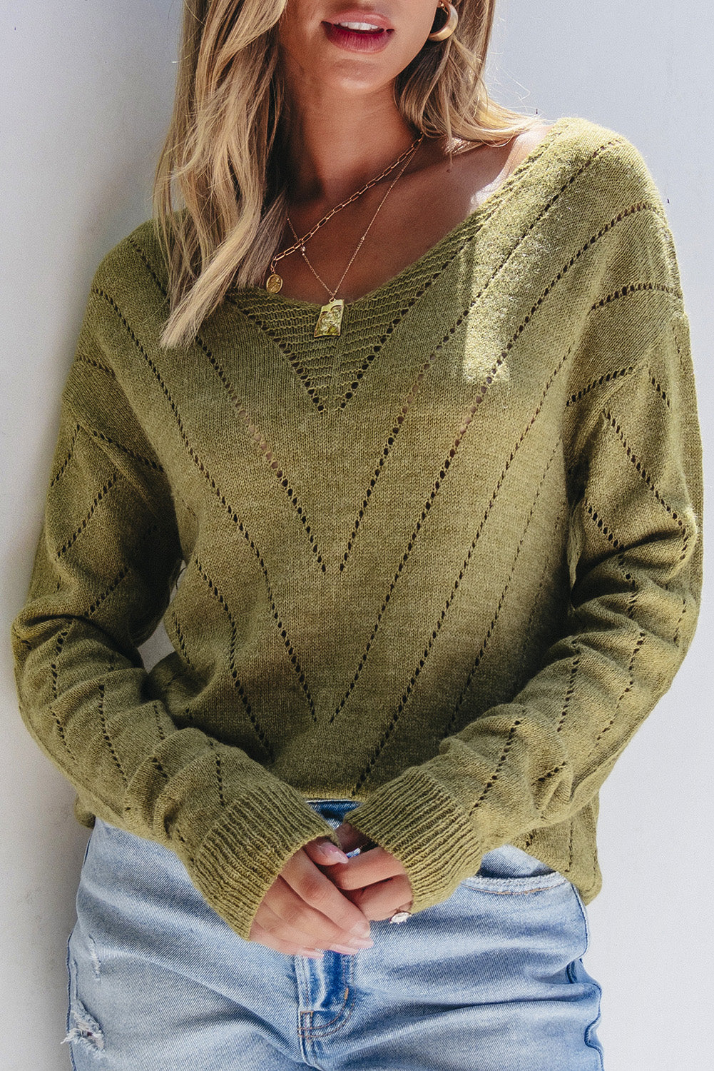 Sage Green Solid Eyelet Drop Shoulder V Neck Sweater