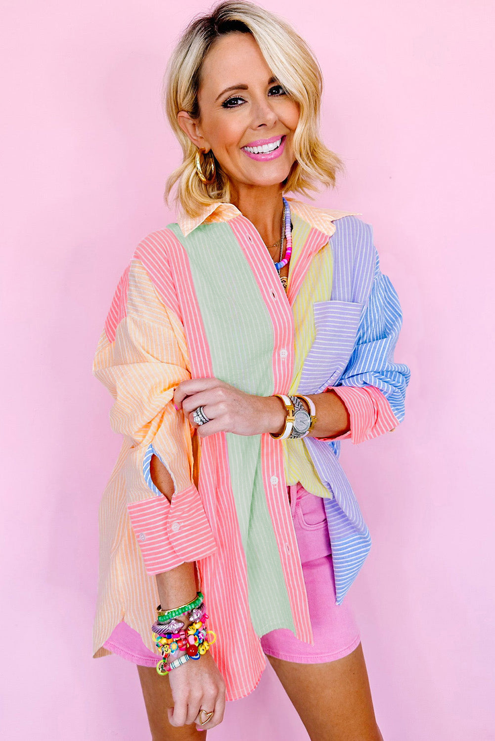 Pink Stripe Color Block Chest Pocket Oversized Shirt