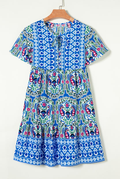 Sky Blue Bohemian Print Tie Neck Ruffle Hem Short Dress