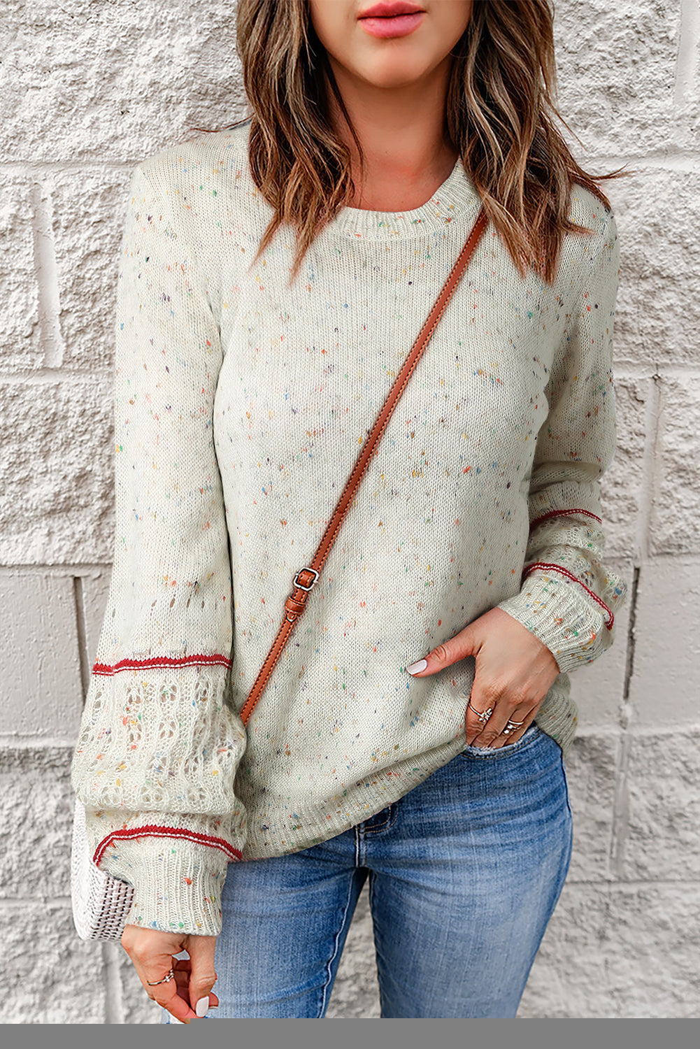 White Pilling Detail Patterned Sleeve Sweater