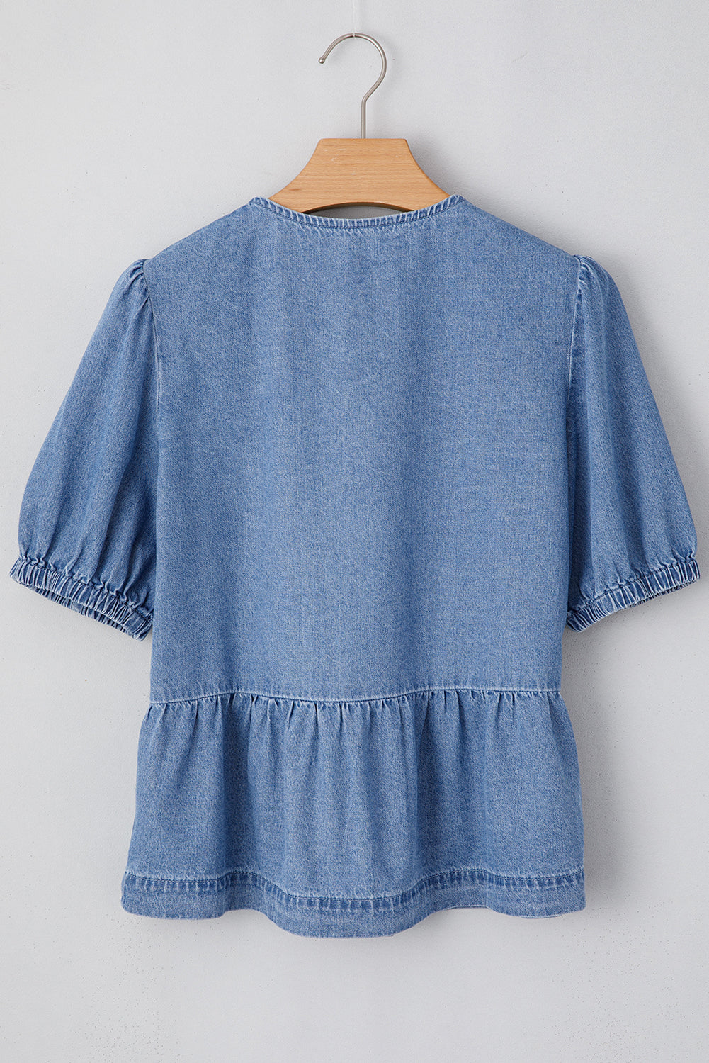 Dusk Blue Tied Front Bubble Sleeve Peplum Denim Shirt