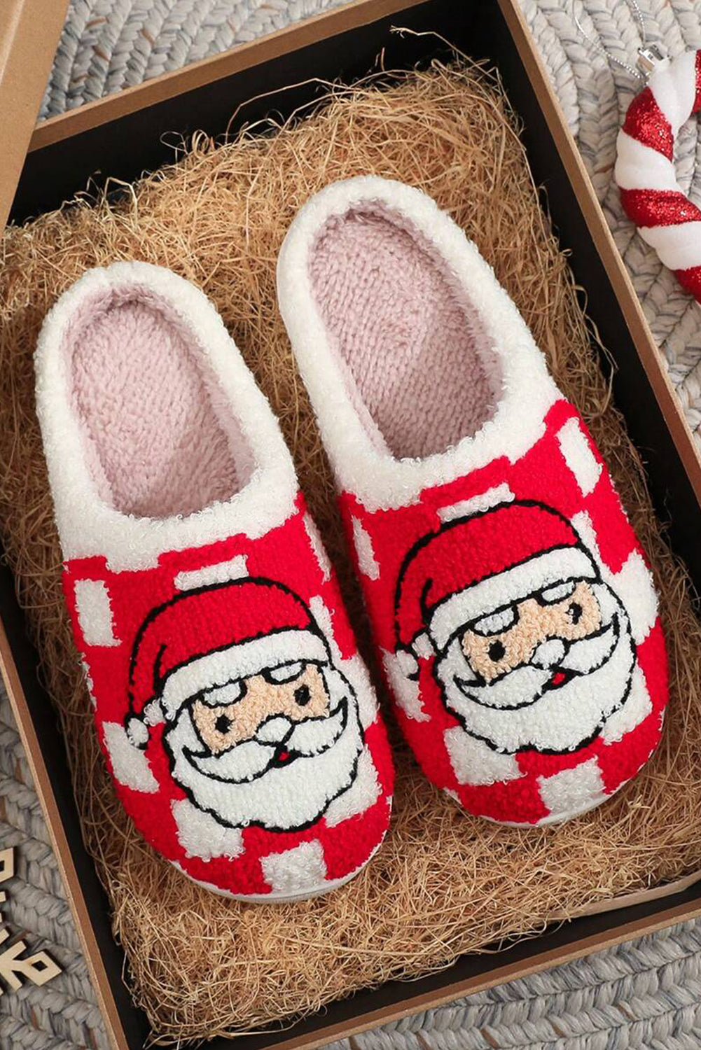 Fiery Red Checkered Santa Claus Graphic Plush Home Slippers