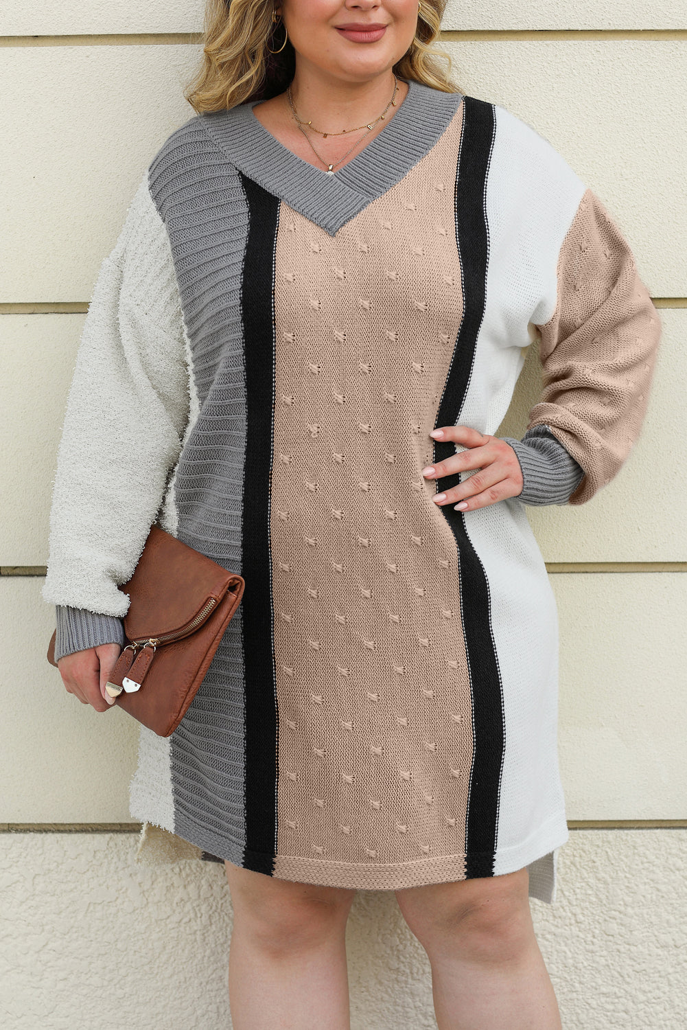 Apricot Mixed Boucl Color Block Plus Size Sweater Dress