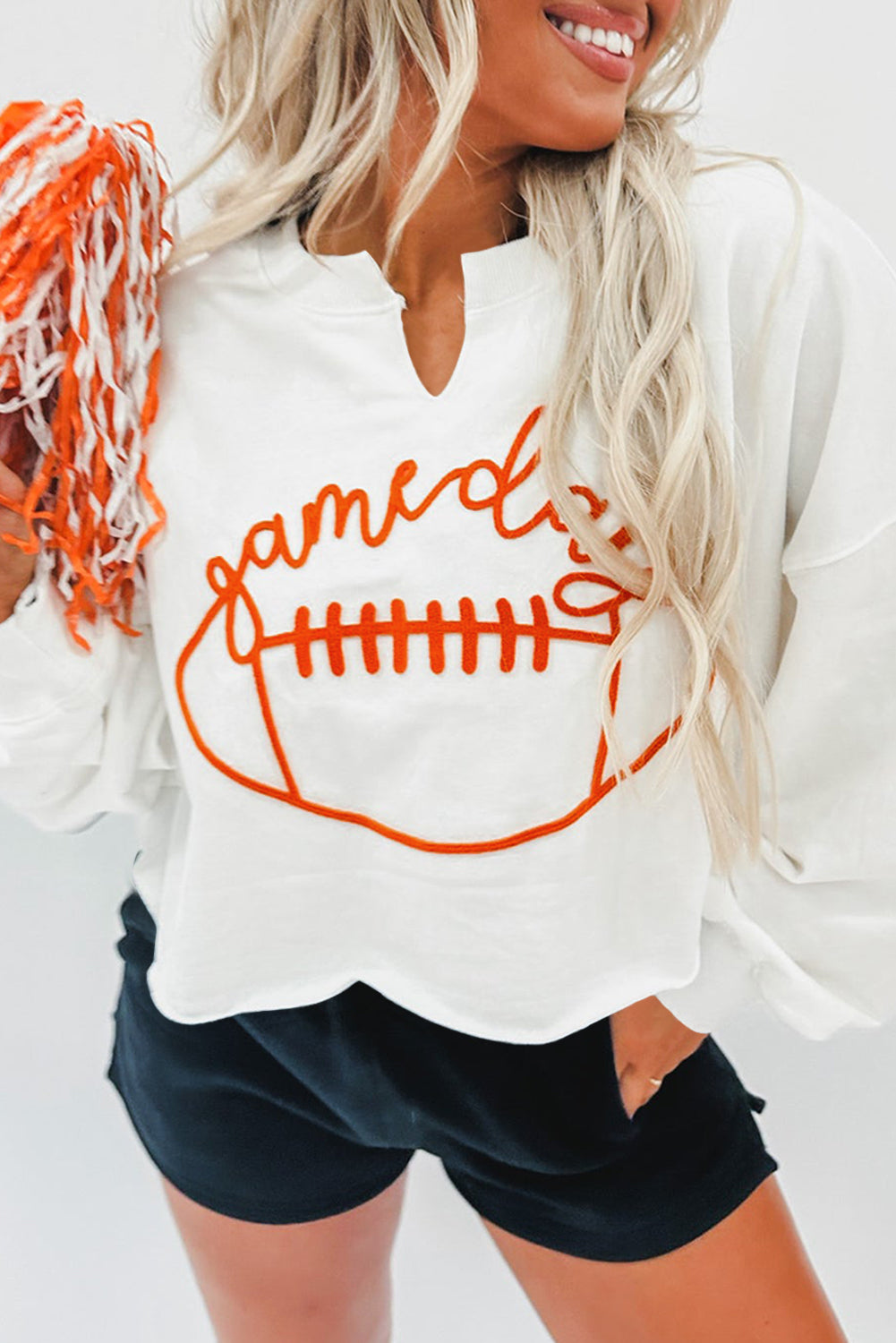 White Game Day Lettering Rugby Football Notched Neck Sweatshirt