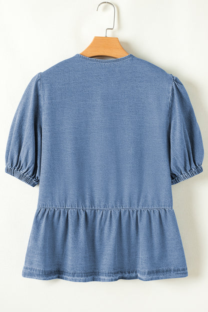 Dusk Blue Tied Front Bubble Sleeve Peplum Denim Shirt