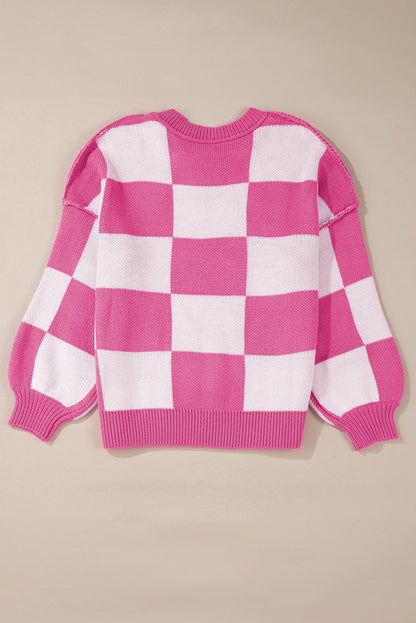 Rose Stripe Checkered Bishop Sleeve Sweater