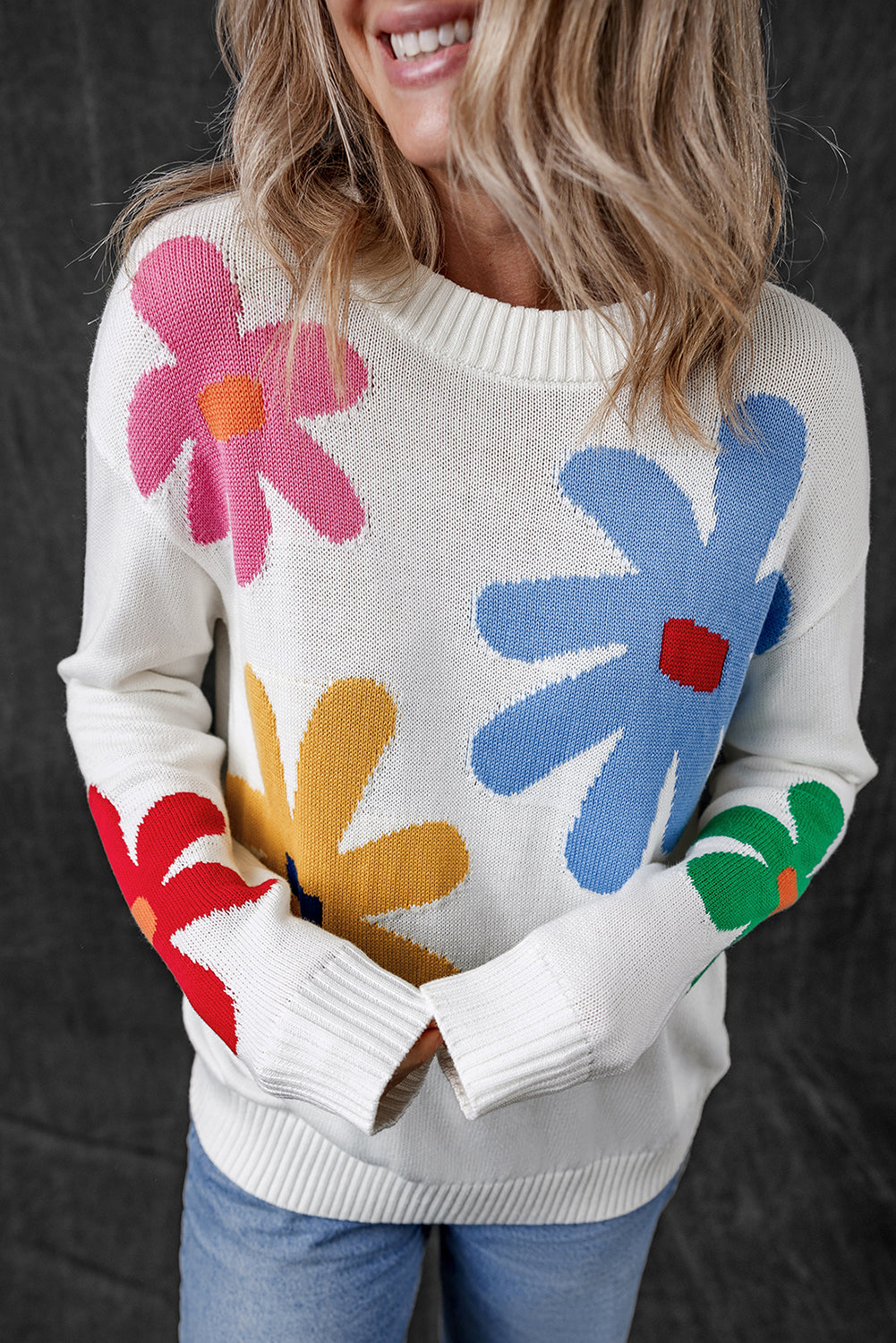 White Colorful Big Flower Pattern Crewneck Sweater