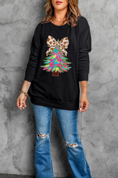 Black Bowknot Christmas Tree Shiny Graphic Sweatshirt