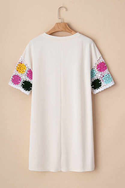 White Floral Crochet Splicing Sleeve T Shirt Dress