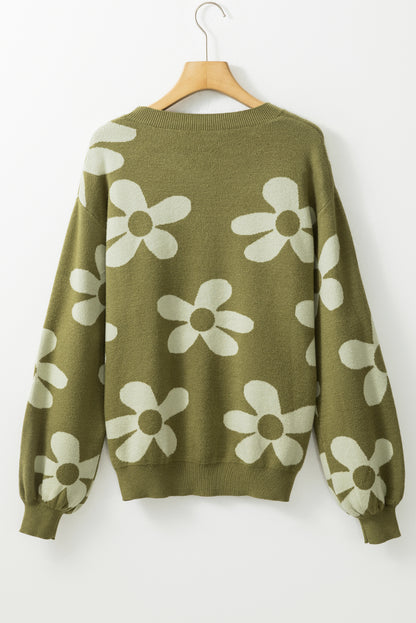 Spinach Green Big Flower Knit Ribbed Trim Sweater