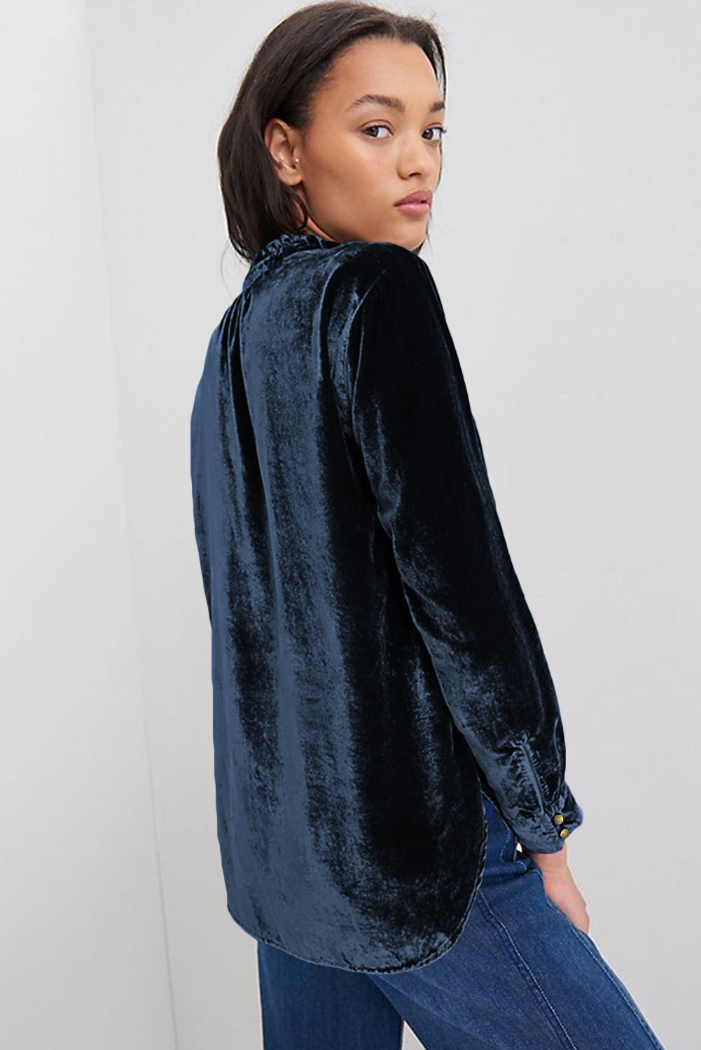 Navy Blue Frilled Neck Buttoned Front Velvet Top