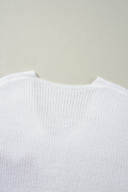 White Pearl Beaded Heart Pattern Fuzzy V Neck Sweater