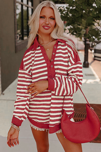 Red Stripe Buttoned V Neck Collared Drop Shoulder Top