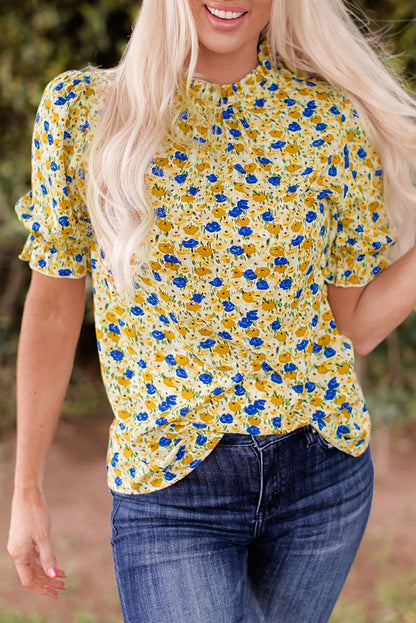 Yellow Boho Floral Ruffle Short Sleeve Frill Mock Neck Blouse