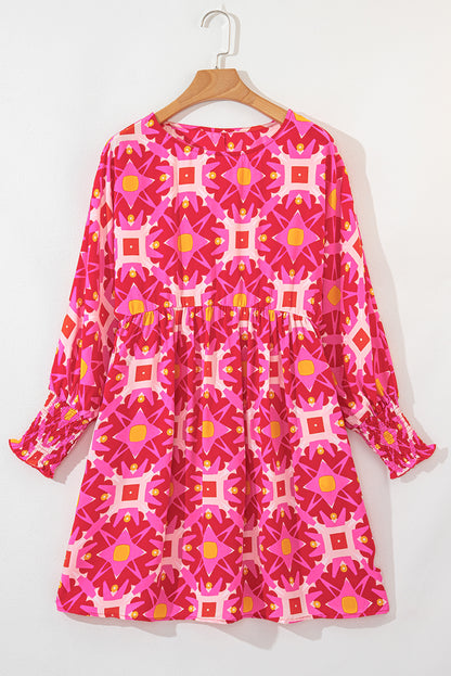 Strawberry Pink Geometric Print Smocked Long Sleeve Mini Dress