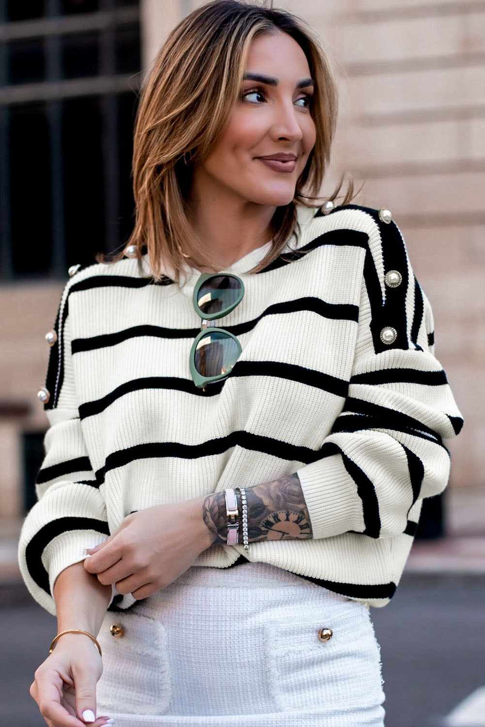 Stripe Buttoned Decor Sweater