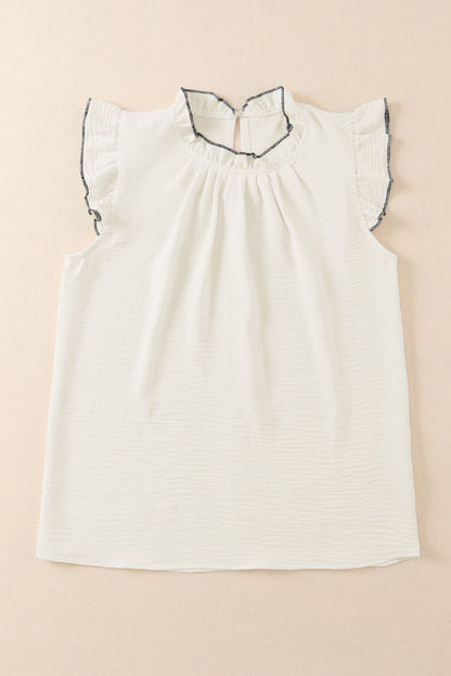 White Contrast Trim Ruffled Crew Neck Sleeveless Top