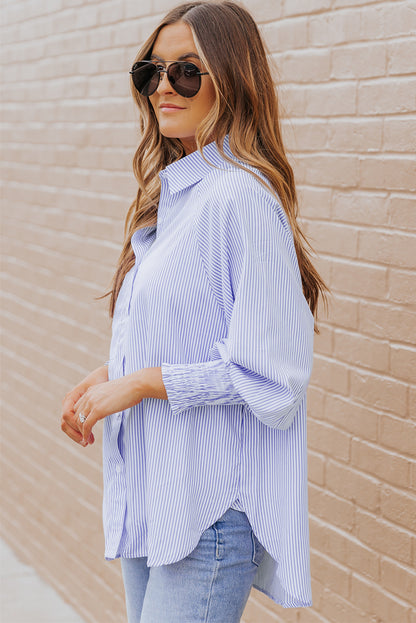 Sky Blue Smocked Cuffed Striped Boyfriend Shirt with Pocket