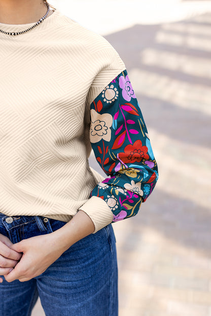 White Contrast Floral Sleeve Textured Drop Shoulder Knit Top